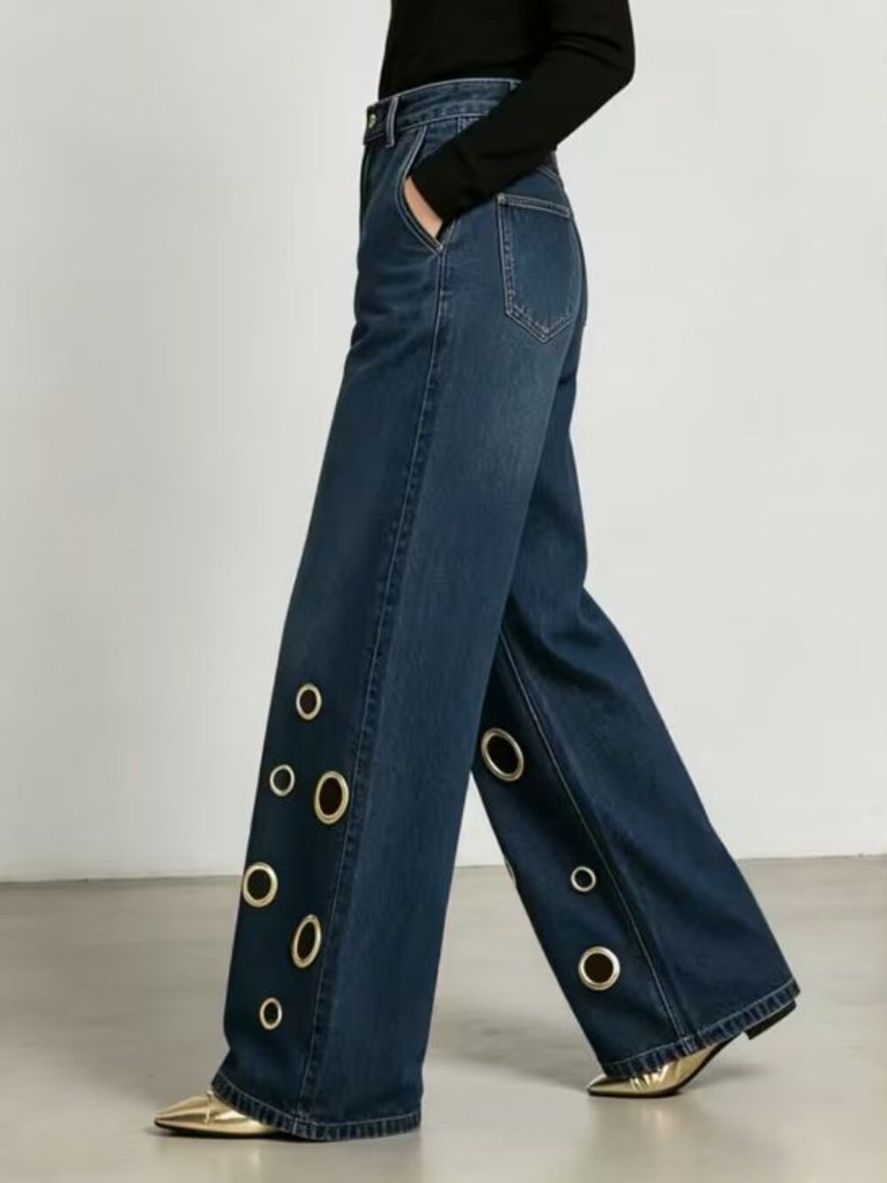 Large Grommets Dark Blue Stretchy Denim Jeans - Picture 2 of 5
